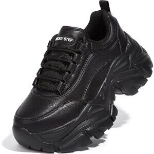 Lucky Step Women Black Rhinestone Lace Up Chunky Dad Casual Walking Sneakers